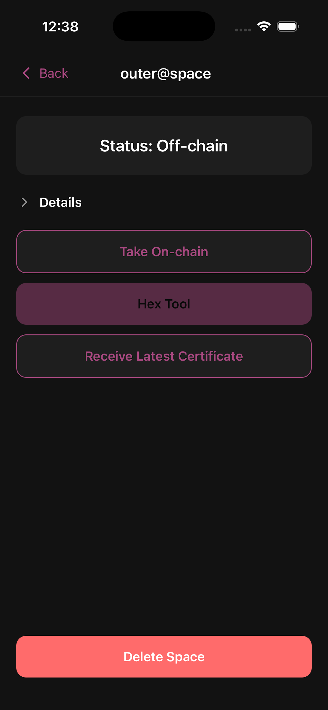 SpacesWallet Bitcoin Spaces screen